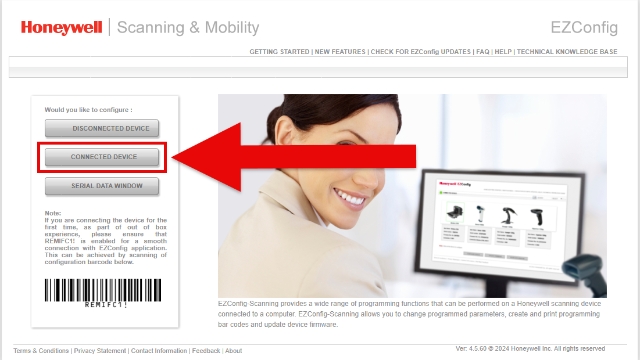 <p>Click "Connected Device"</p>
<ul>
<li>It may take a moment for the computer to find the connected scanner</li>
</ul>
