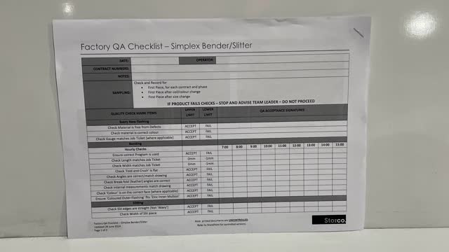 <p>QA Sheet. You will find a QA sheet at the machine, if there is no QA sheet there, see the team leader or production. A QA sheet will need to be completed at the start, throughout and, at the end of the day.</p>