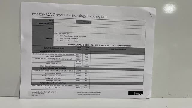 <p>QA Sheet. You will find a QA sheet at the machine, if there is no QA sheet there, see the team leader or production. A QA sheet will need to be completed at the start, throughout and, at the end of the day.</p>