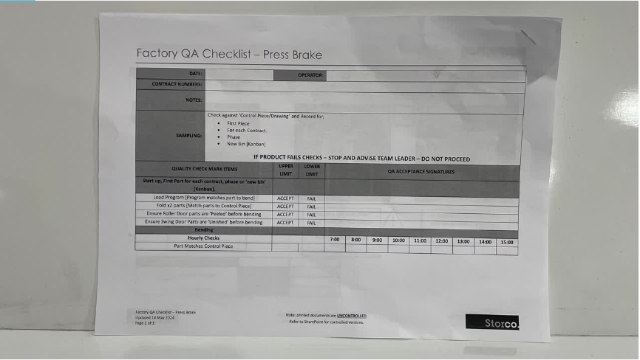 <p>QA Sheet. You will find a QA sheet at the machine, if there is no QA sheet there, see the team leader or production. A QA sheet will need to be completed at the start, throughout and, at the end of the day.</p>