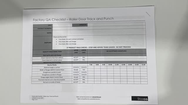 <p>QA Sheet. You will find a QA sheet at the machine, if there is no QA sheet there, see the team leader or production. A QA sheet will need to be completed at the start, throughout and, at the end of the day.</p>