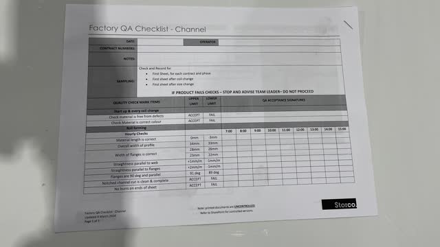<p>QA Sheet. You will find a QA sheet at the machine, if there is no QA sheet there, see the team leader or production. A QA sheet will need to be completed at the start, throughout and, at the end of the day.</p>