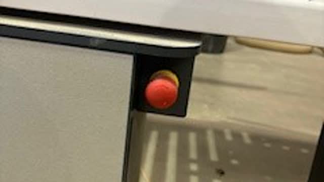 <p>Emergency stops - know where they are</p>
<ul>
<li>One at knee height</li>
<li>One below the touch screen</li>
</ul>