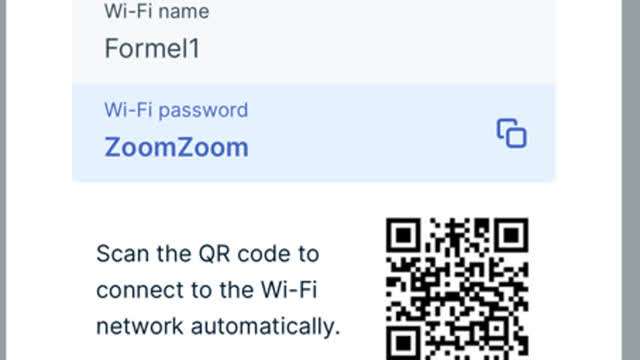 <p>Once the router has booted up, scan the QR Code or login manually to connect to the network:</p>
<p>WiFi Name: Formel1
Password: ZoomZoom</p>
