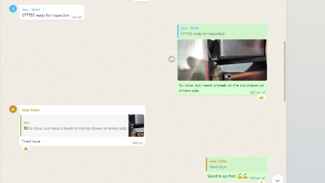 <p>Respond on the WhatsApp chat if the job is a <strong>pass or fail</strong> and with what needs to be done further if required - always reply with the Sales Order # as reference</p><p>Include a photo of the QC sheet with the secondary QC checks filled out.</p><p><em>S78952 - Pass</em>&nbsp;</p><p><em>S85215 - Fail</em></p><ul><li style="font-style: italic;"><em>Point 1</em></li><li style="font-style: italic;"><em>Point 2</em></li></ul><p><br></p><p><br></p>