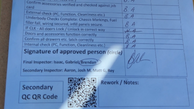 <p>Locate the QC sheet on the passenger seat of the vehicle. Ensure that the first column of secondary checks is completed.</p>